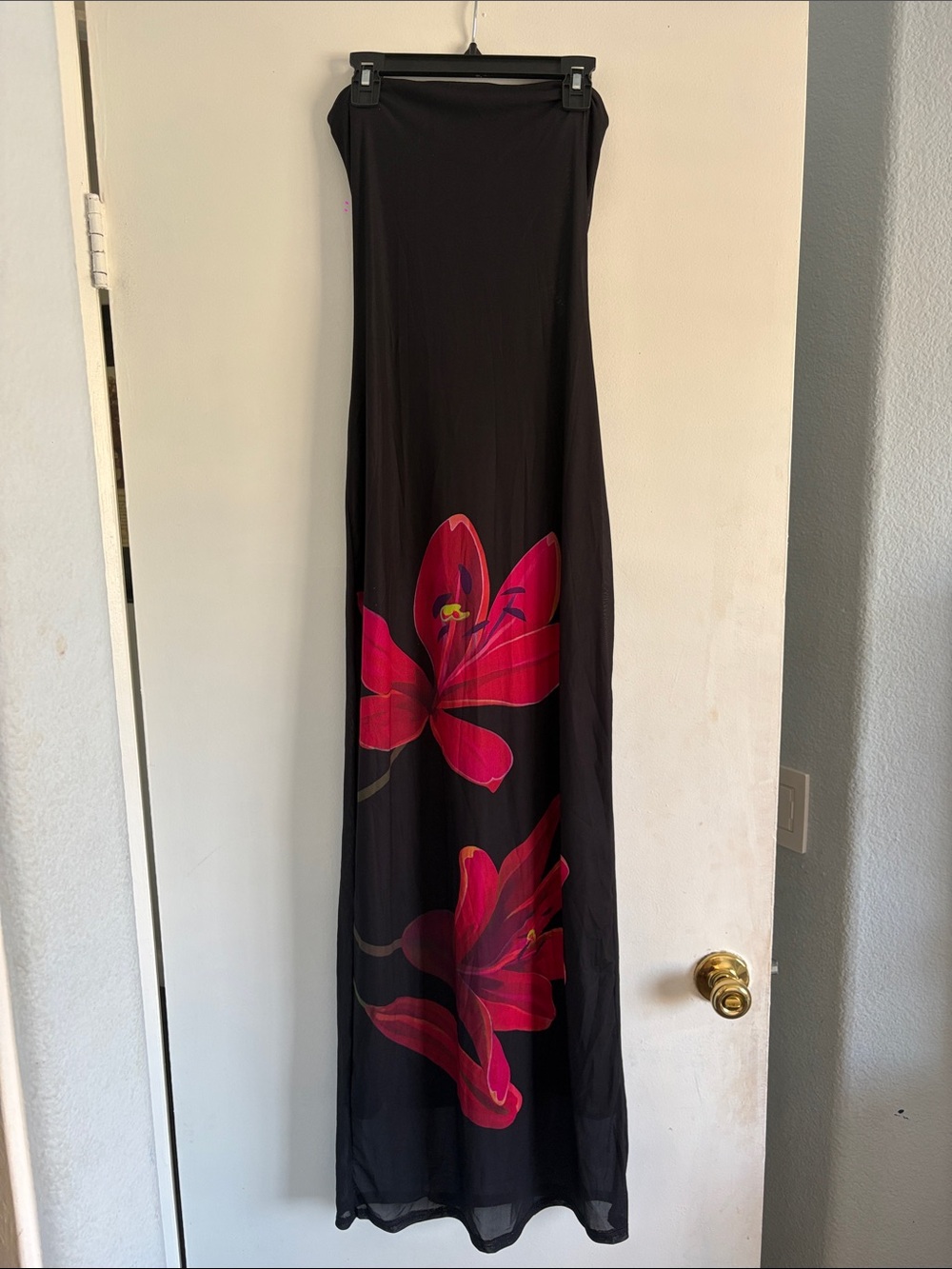 Black Floral Maxi Dress with Pink Bloom Detail